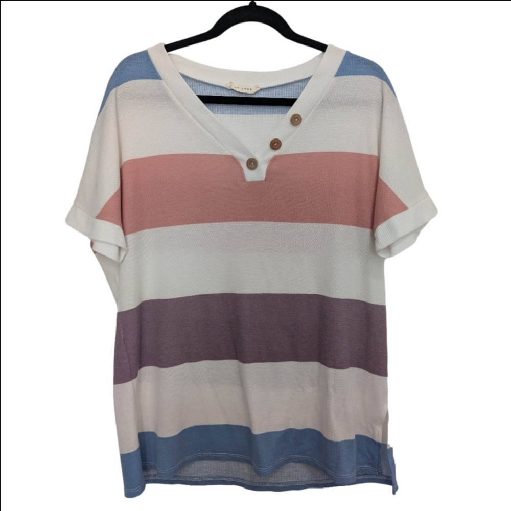 First Look Colorblock Striped Loose Fitting V-Neck with Side Buttons Top
